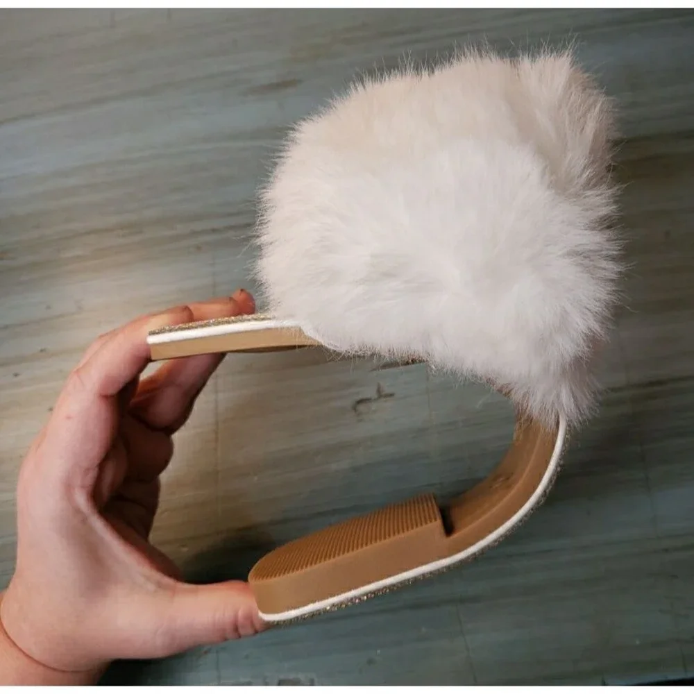 Faux Fur Rhinestone Slides Sandals Slippers Wedding Fuzzy Bling Cute Women Sz 10 - Picture 9 of 16